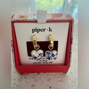 Piper K Blue Floral Heart Earrings 14K Gold Plated NIB